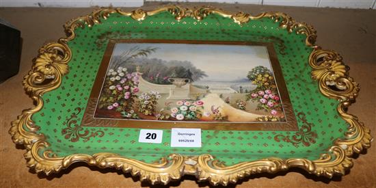 A Chamberlains Worcester porcelain tray, painted with a garden vista (badly cracked and poorly restored)